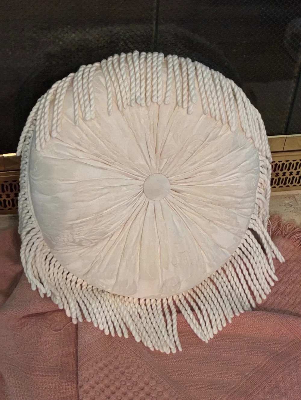 Round White accent Pillow with Twisted Fringe